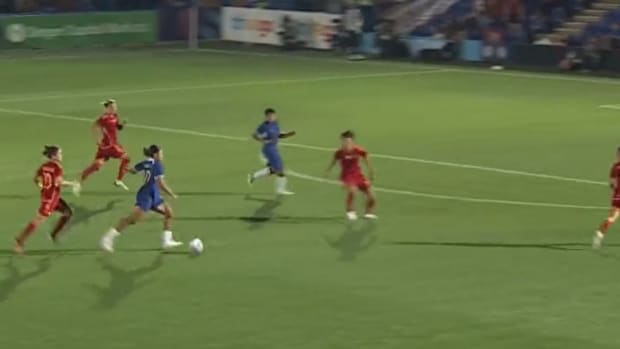 Lauren James pictured preparing to shoot moments before she scored a stunning goal for Chelsea in a pre-season friendly against Roma in September 2023